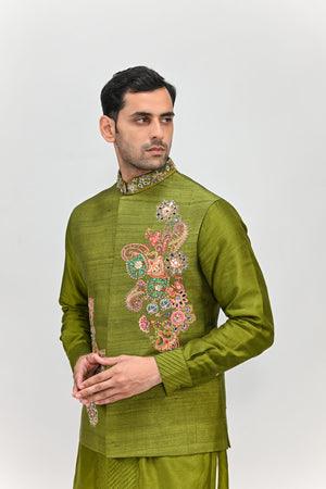 Olive Patch Bundi  Kurta Pant Set image 1