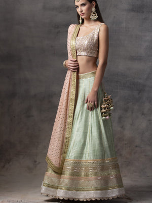 Mint Green Raw Silk Lehenga with Peach Choli image 4
