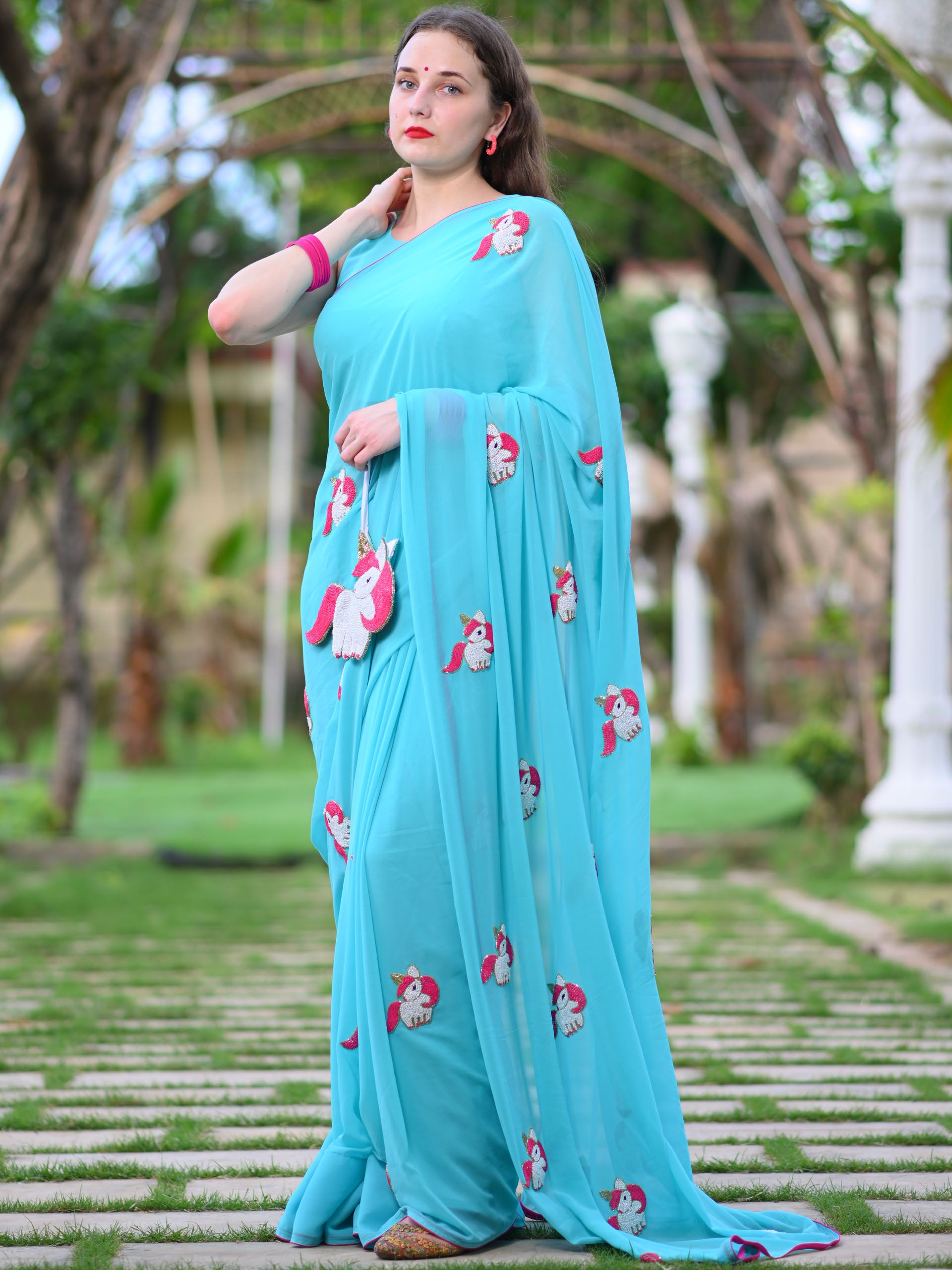 Turquoise Blue Unicorn Saree Set - M image