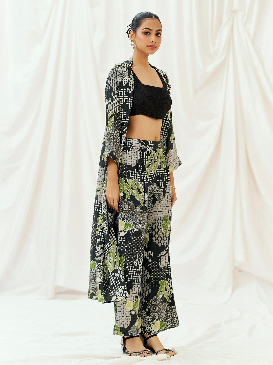 Black Printed Embroidered Jacket Pants Co-od Set with Blouse - M image