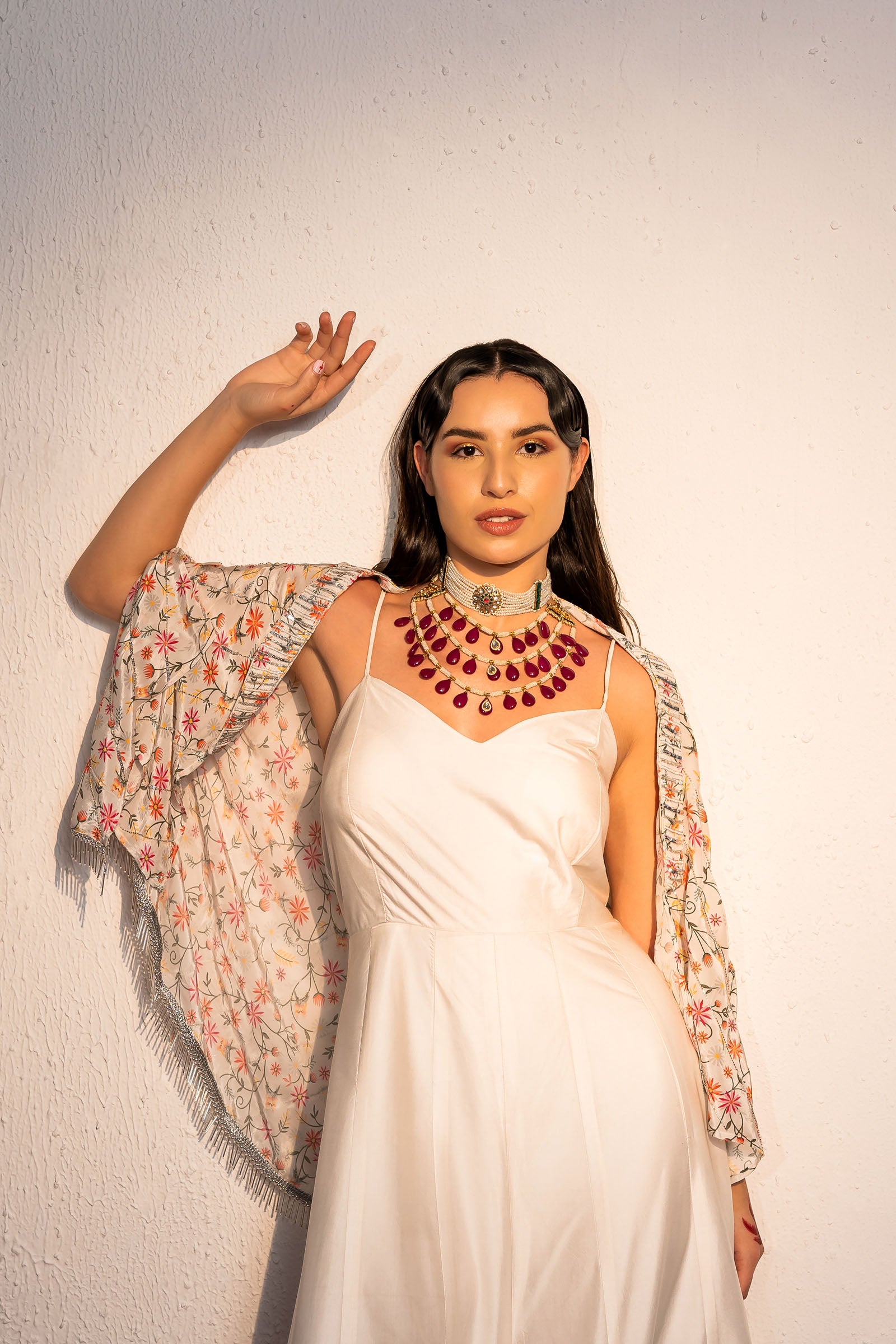 Ivory Printed And Embroidered Jumpsuit with Cape image 1