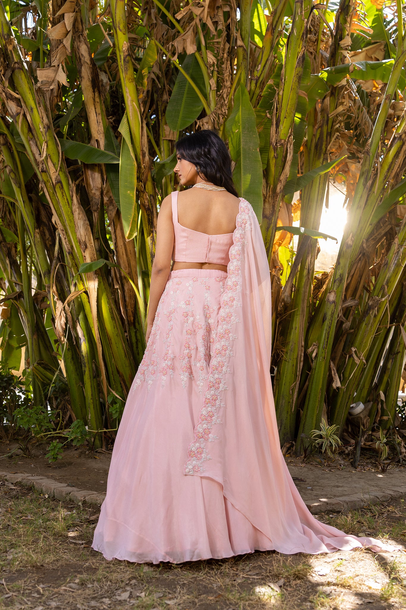 Pink Floral Georgette Embroidered Blouse Lehenga Set image 8