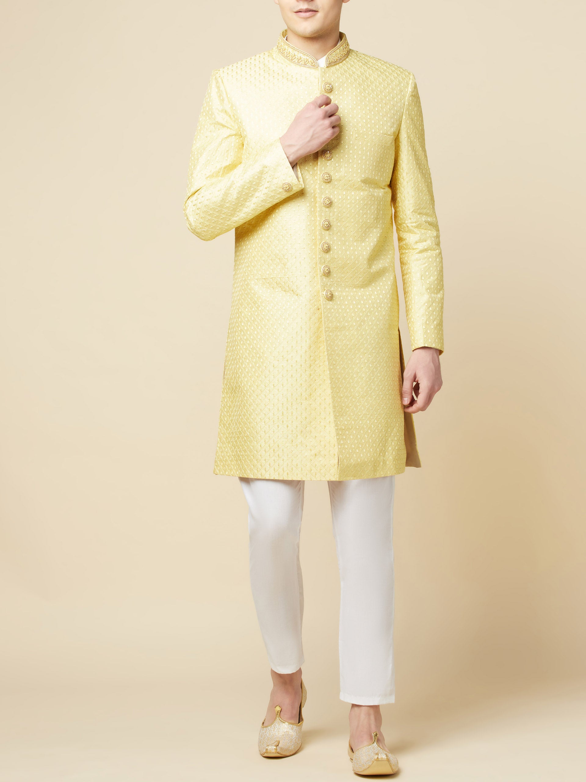 Lime Yellow Embroidered Sherwani Set image 3
