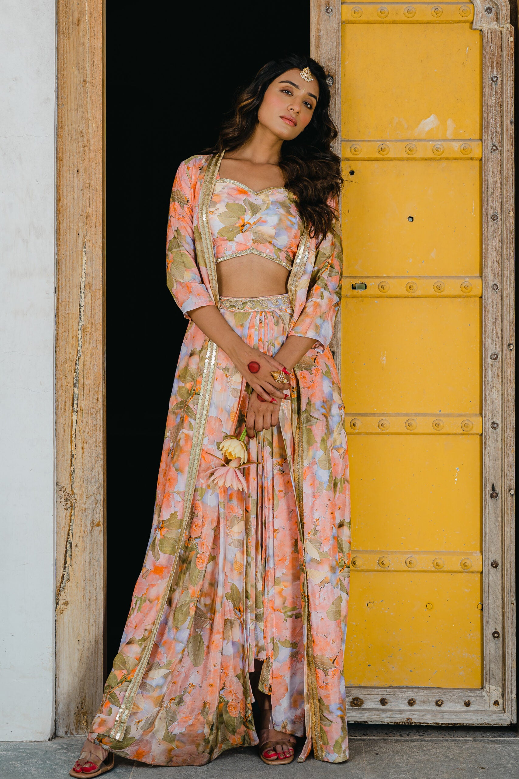 Coral Peach Printed Embroidered Long Jacket and Skirt Set image 5