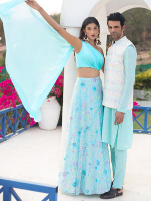 Blue Kurta Set With Multi Sequins Bundi image 2