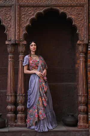 Gray Drape Lehenga Set image 1