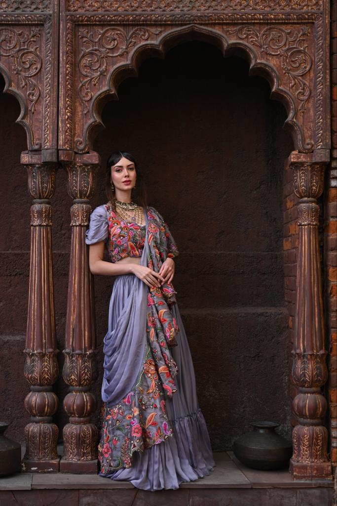 Gray Drape Lehenga Set image 1