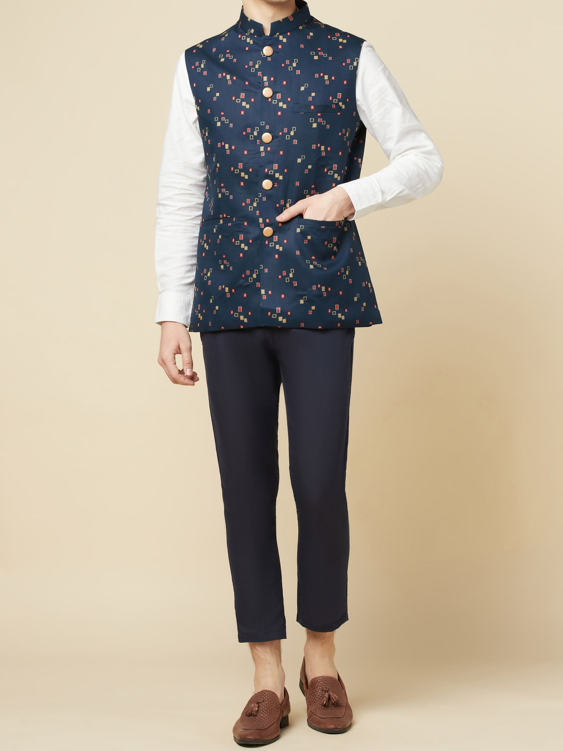 Teal Blue Print Bundi Jacket Set image 5