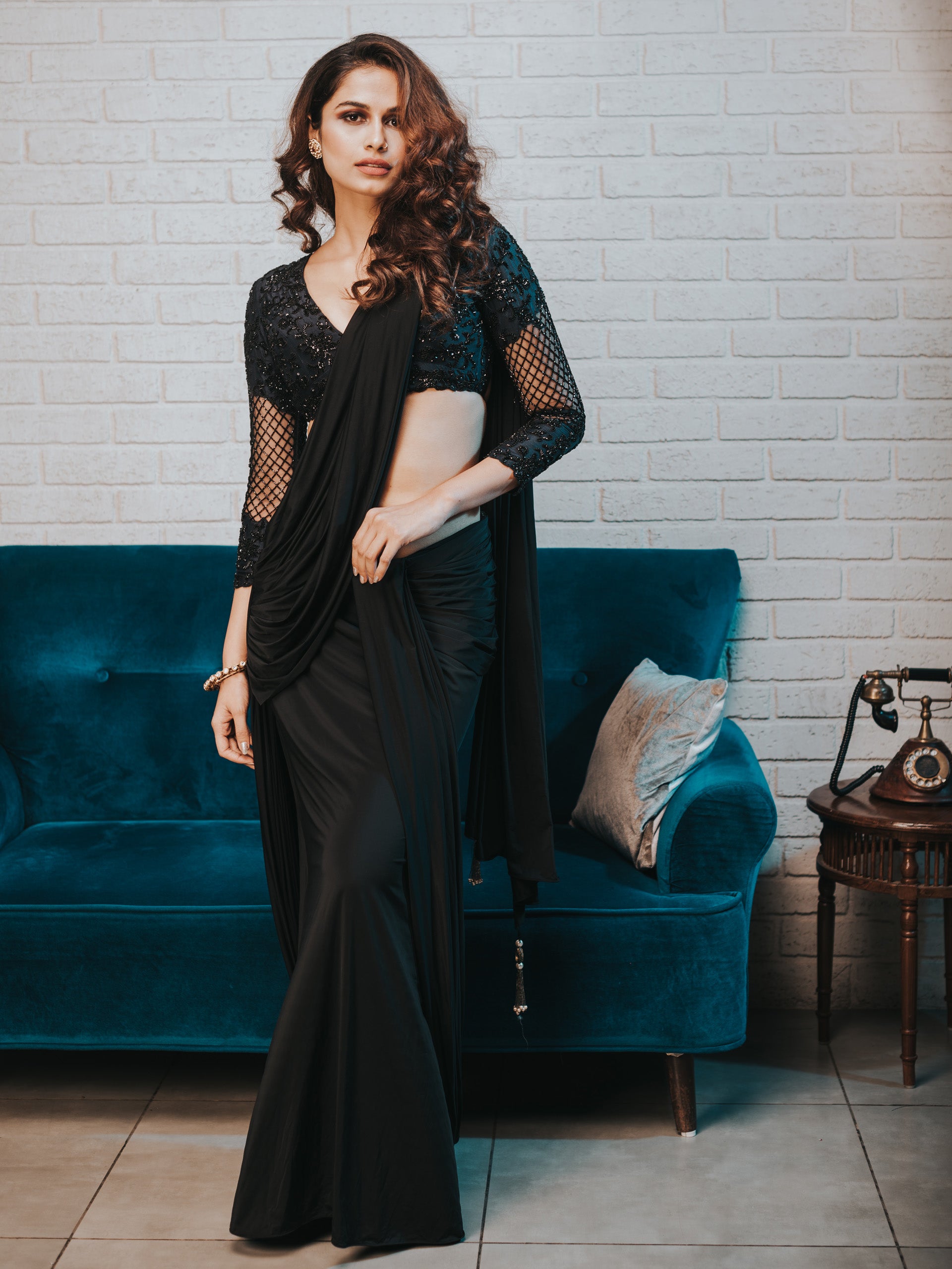 Black Drape Saree Set image 0