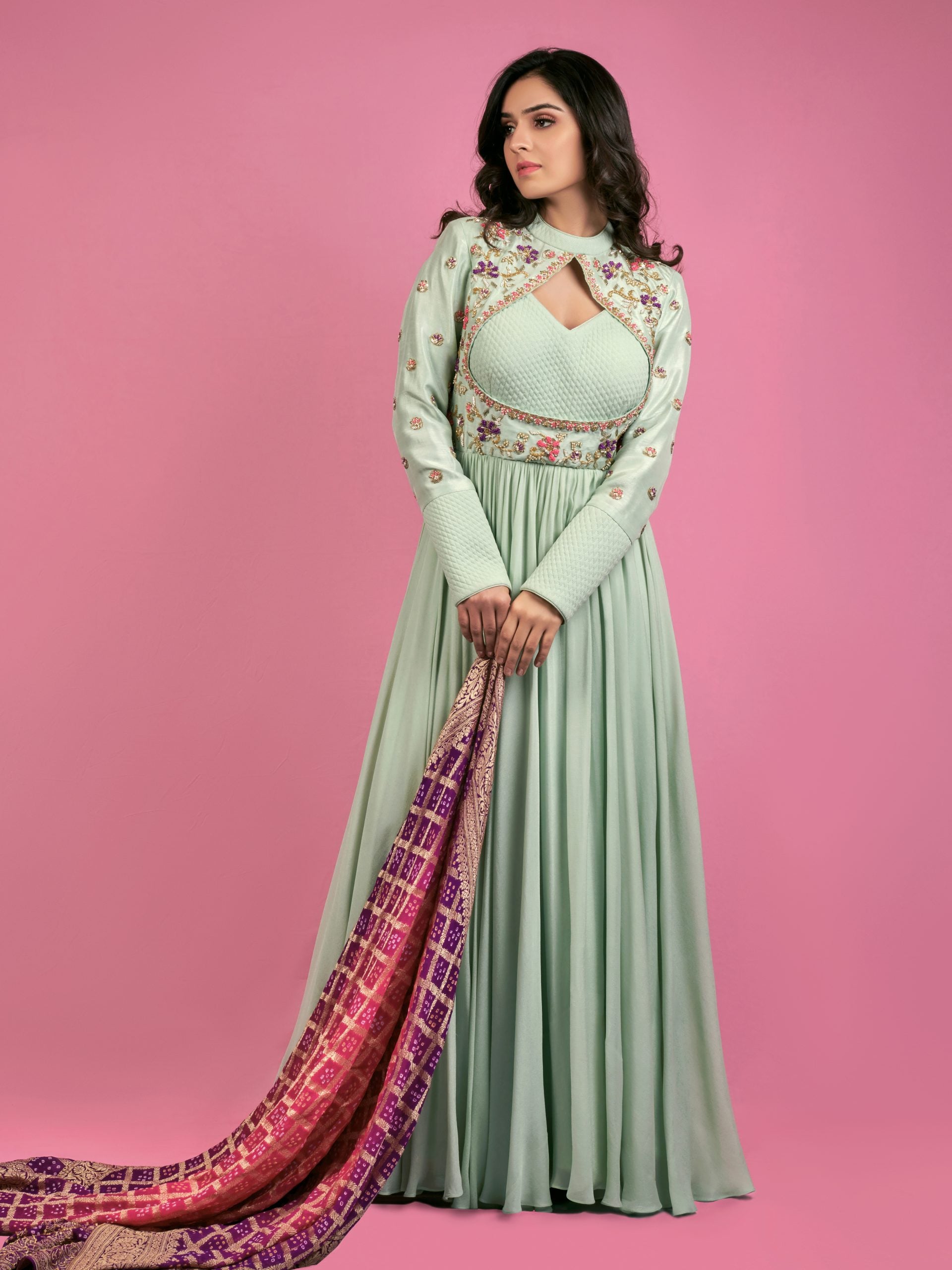 Sea Green and Purple Pink Anarkali - S image