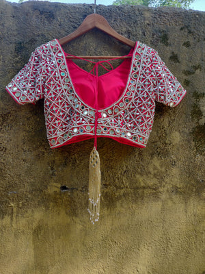 Blush Net Saree with Red Mirror Blouse image 3