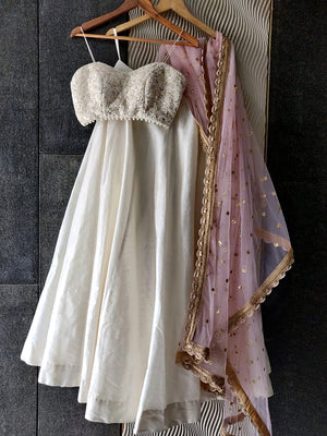 Ivory Raw Silk Skirt and Bustier with Pink Dupatta - Custom image