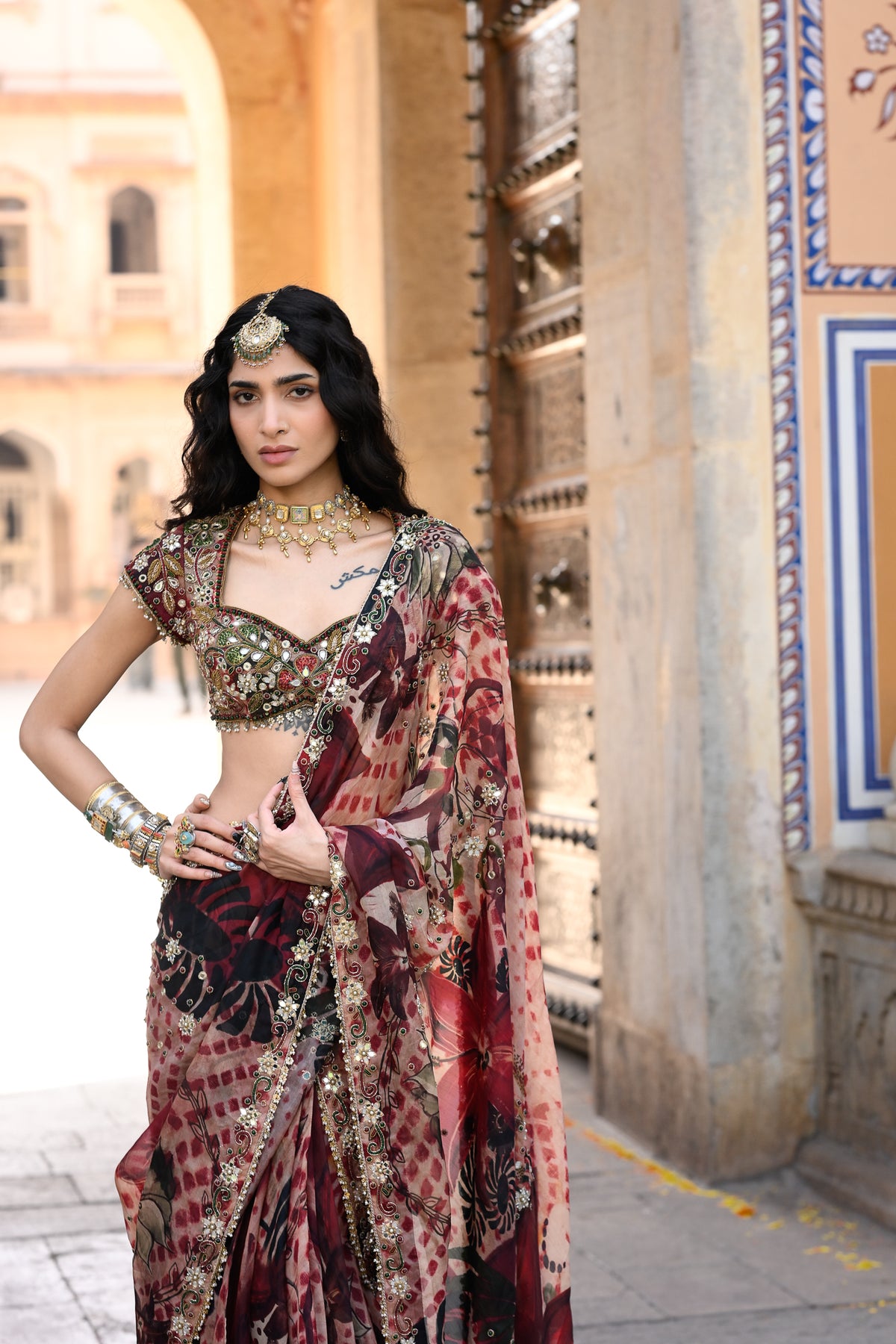 Maroon Prestitched Organza Saree With Highlighted Open Palla and Embroidered Blouse
