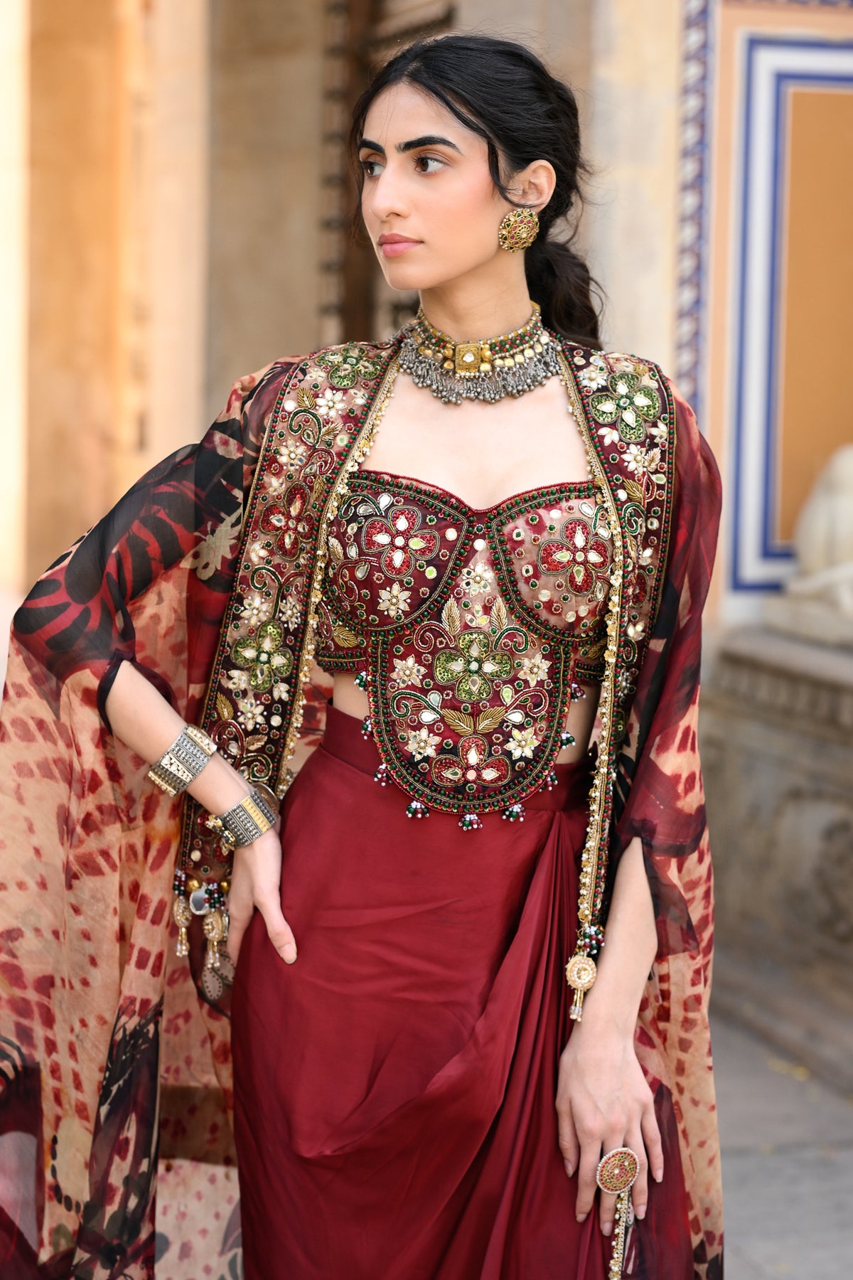 Maroon Dhoti Skirt with Embroidered Bralette and Cape