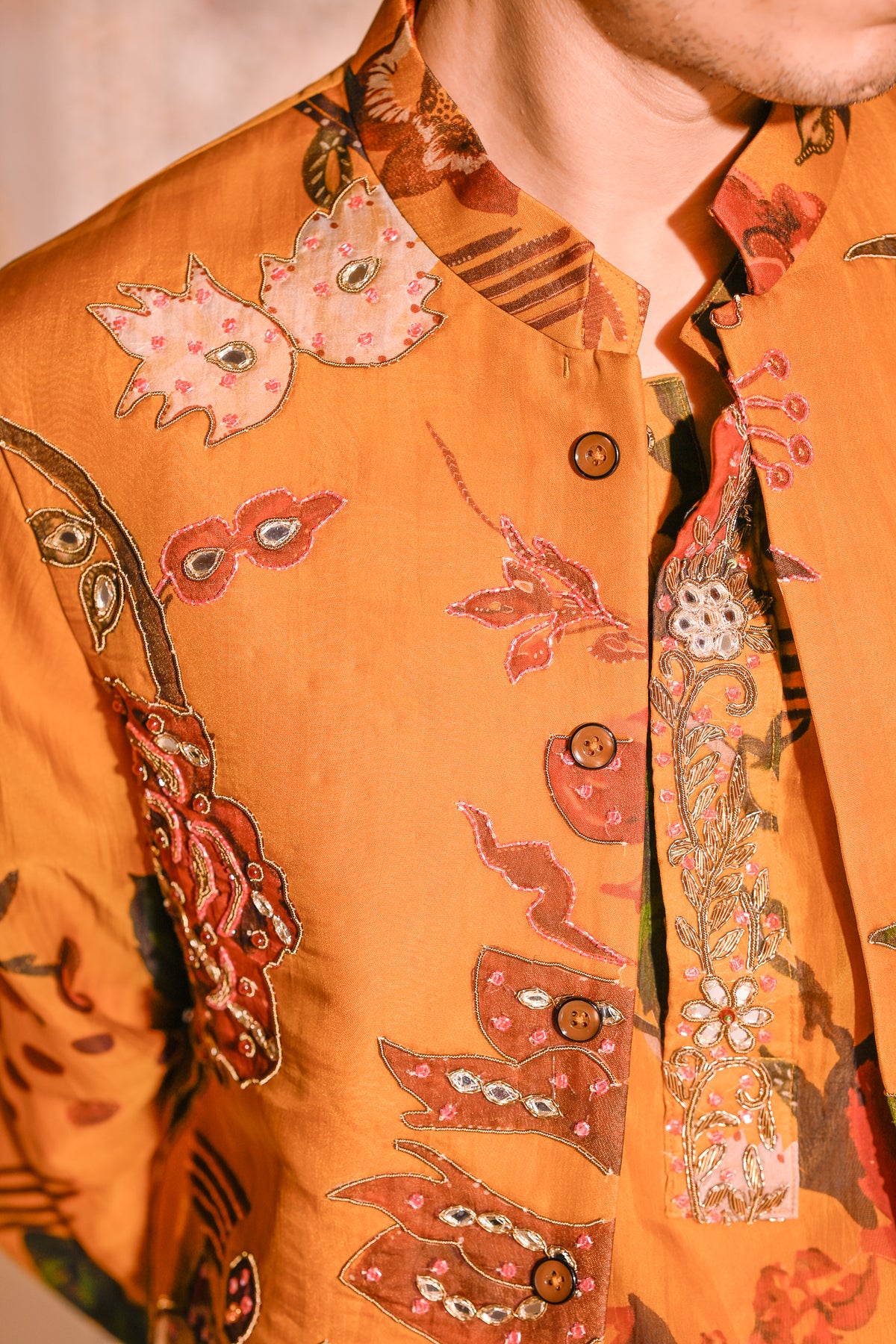 Yellow Highlighted Bundi With Organza Printed Kurta With Beige Flare Pant