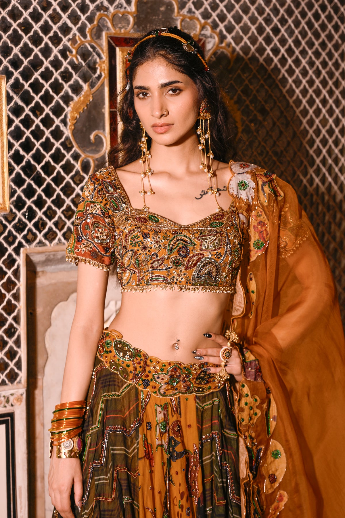 Highlighted Yellow and Green Dual Lehenga with Embroidered Blouse and Dupatta