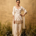 Ivory Hand Embroidered Modal Satin Suit Set With Net Dupatta