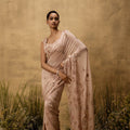 Pastel Pink Pre-Stitched Hand Embroidered Organza Saree Set