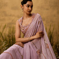 Lilac Georgette Pre-Stitched Hand Embroidered Georgette Saree Set