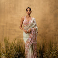 Pastel Mint Green Lilac Ombré Pre-Stitched Hand Embroidered Saree Set