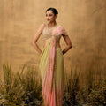 Pastel Green & Pink Ombre Pre-Stitched Hand Embroidered Georgette Saree Set