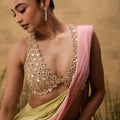 Pastel Green & Pink Ombre Pre-Draped Modal Satin Saree With Embroidered Blouse