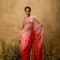 Pink Ombre Pre-Stitched Hand Embroidered Organza Saree Set