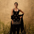 Black Hand Embroidered Chanderi Silk Suit Set With Organza Dupatta