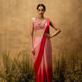 Pastel Pink Ombre Pre-Draped Modal Satin Saree With Embroidered Blouse
