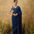 Sapphire Blue Pre-Stitched Hand Embroidered Georgette Saree Set