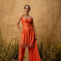 Bright Orange Hand Embroidered Chanderi Silk Suit Set With Organza Dupatta