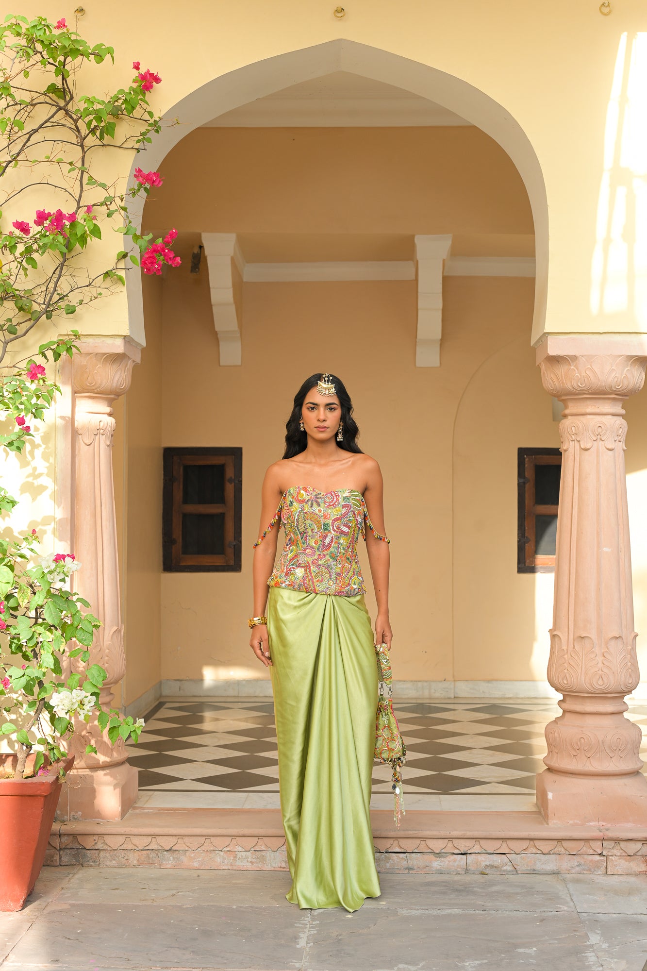 Olive Bloom Corset Paired with Throw Milano Skirt