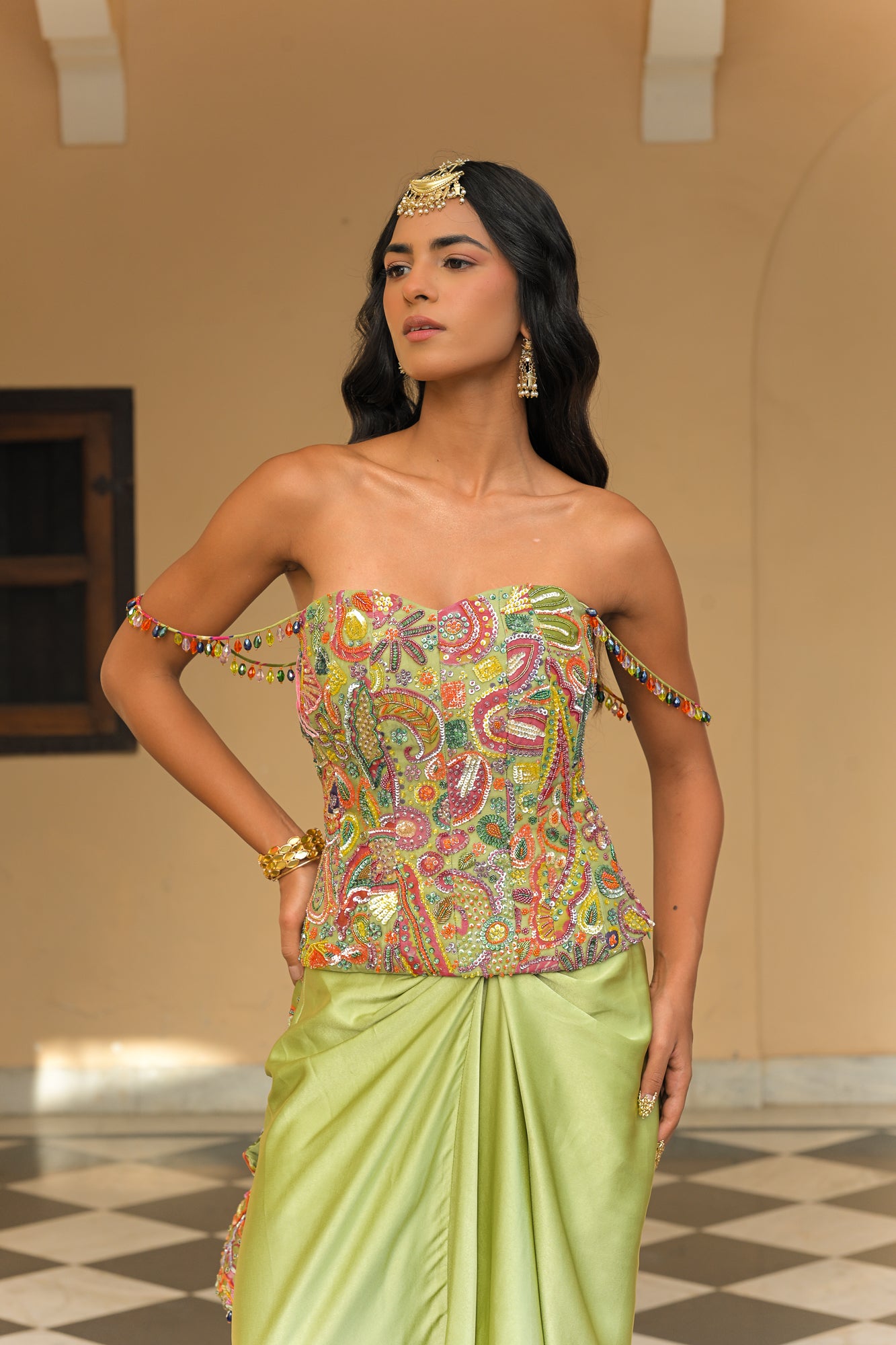 Olive Bloom Corset Paired with Throw Milano Skirt