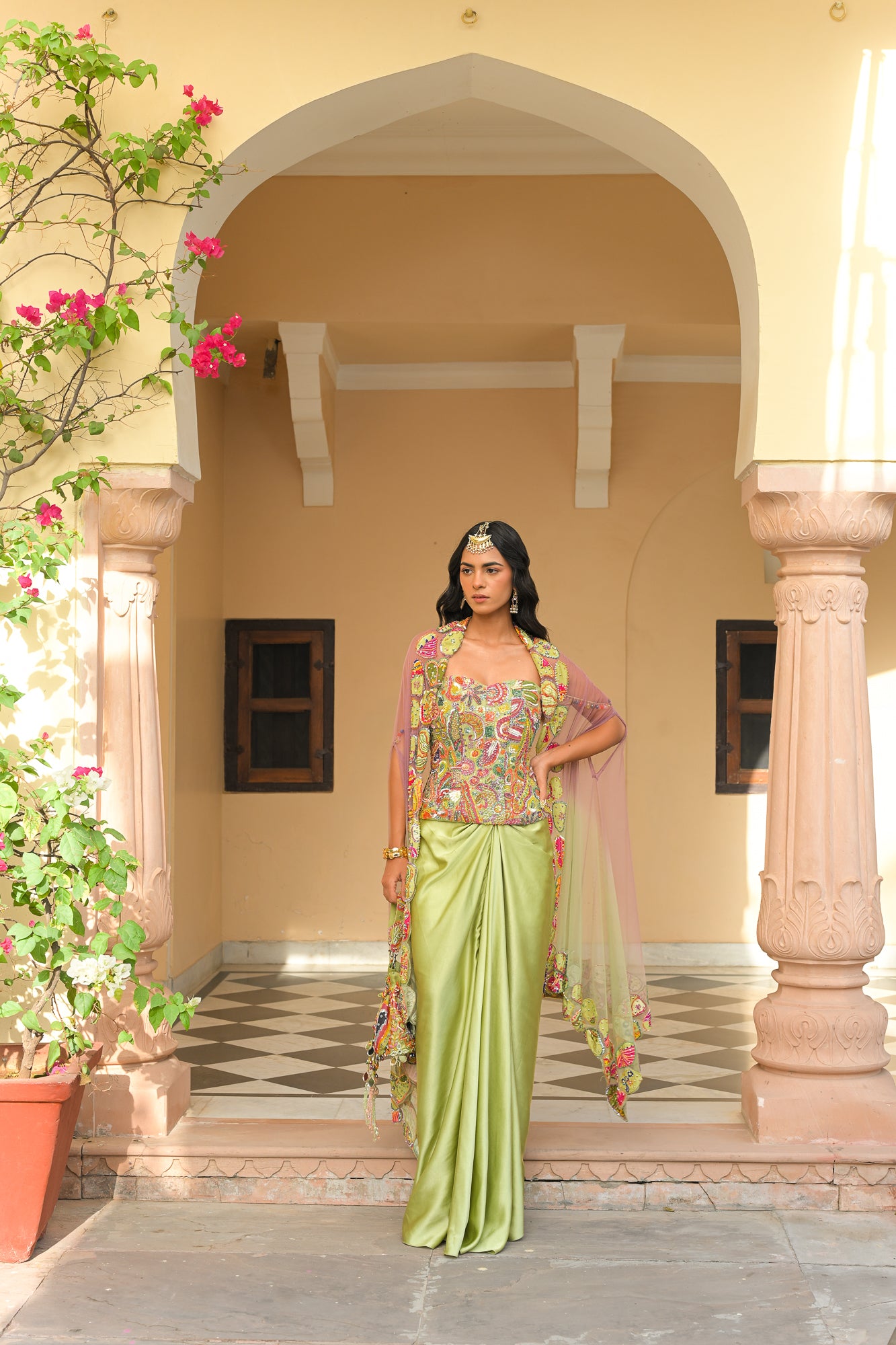Olive Bloom Corset Paired with Throw Milano Skirt and Cape