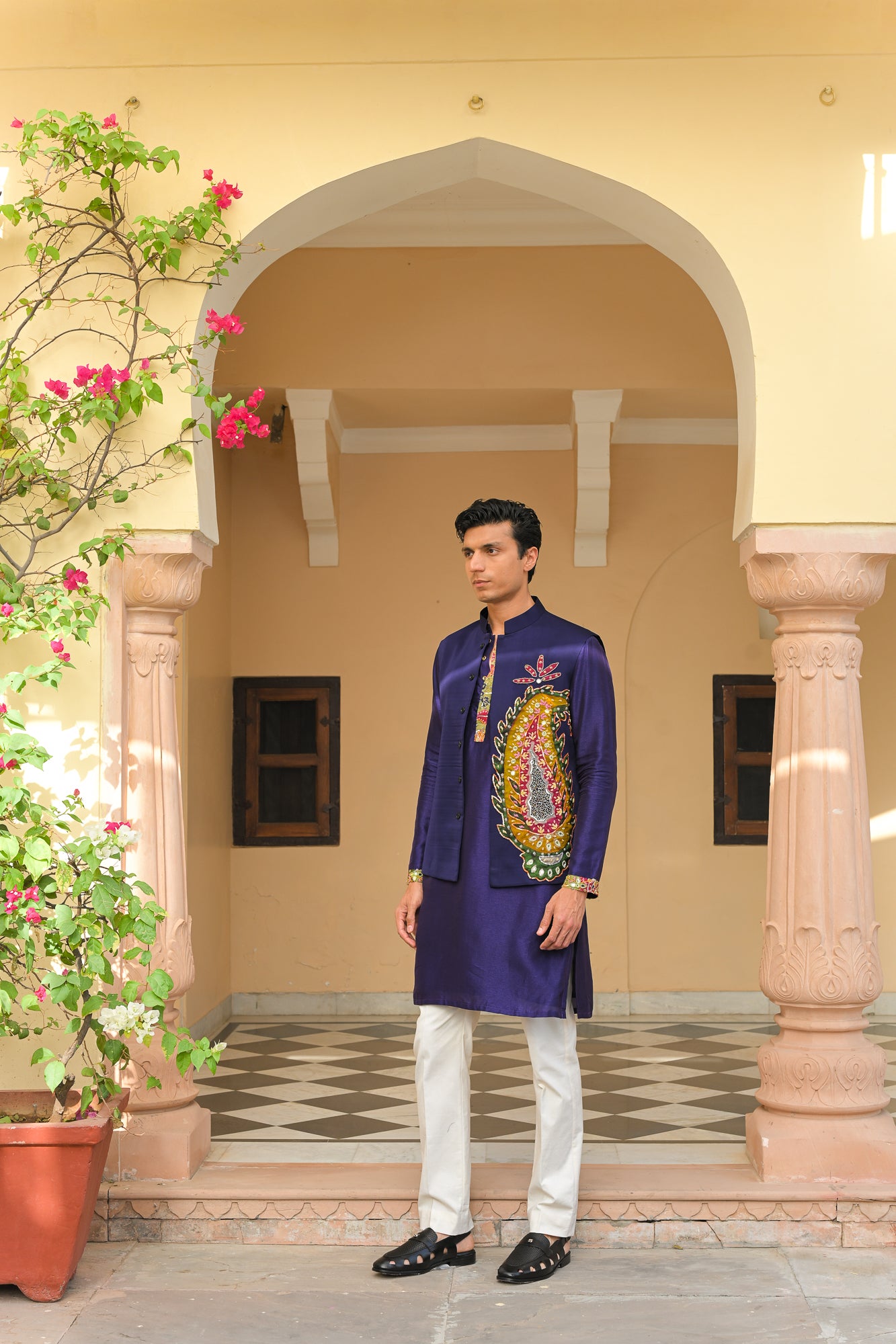 Paisley Patch Bundi Kurta Jacket Pant Set