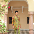 Olive Bloom V Neck Kurta Paired with Olive Pants