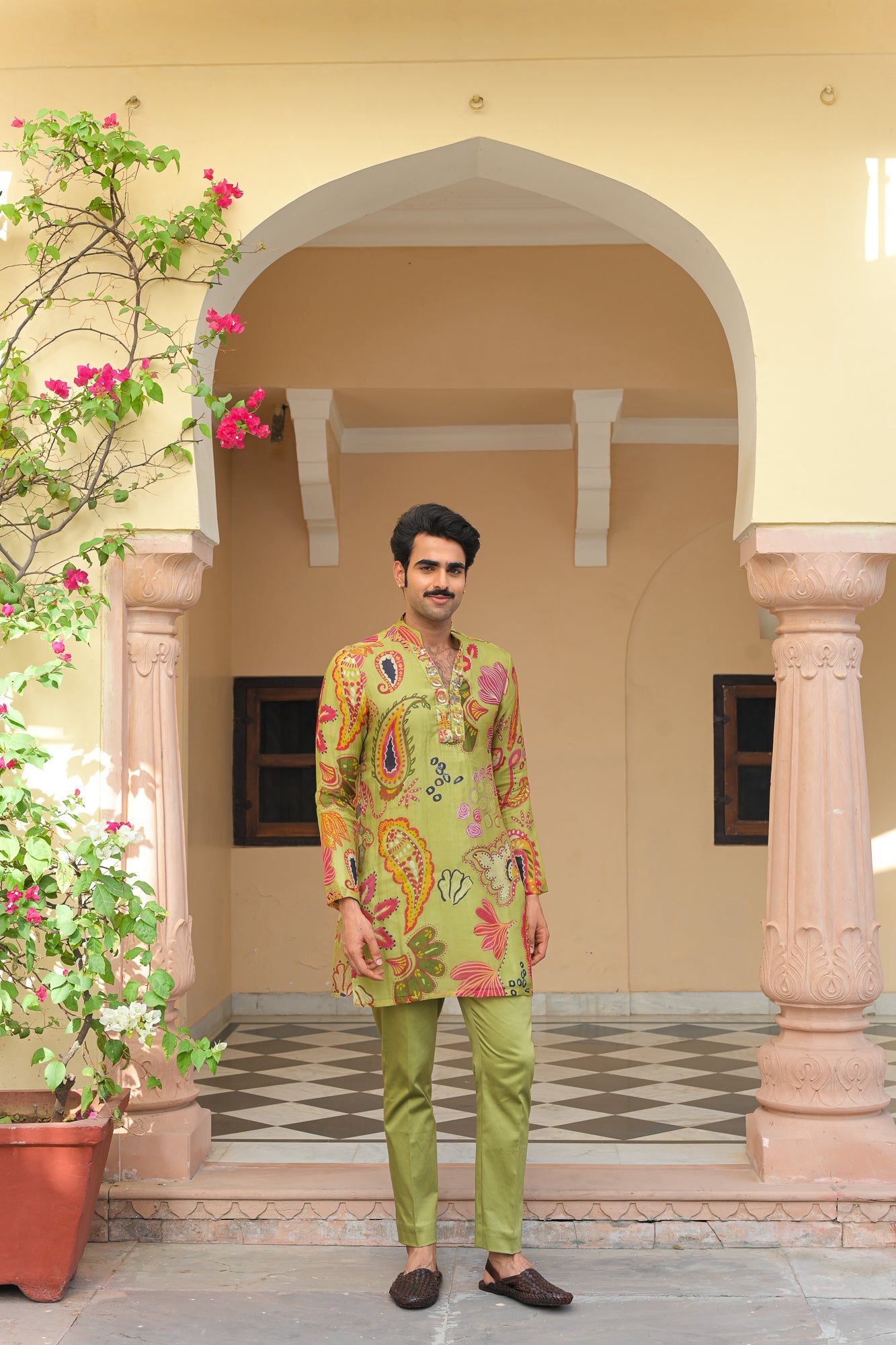 Olive Bloom V Neck Kurta Paired with Olive Pants