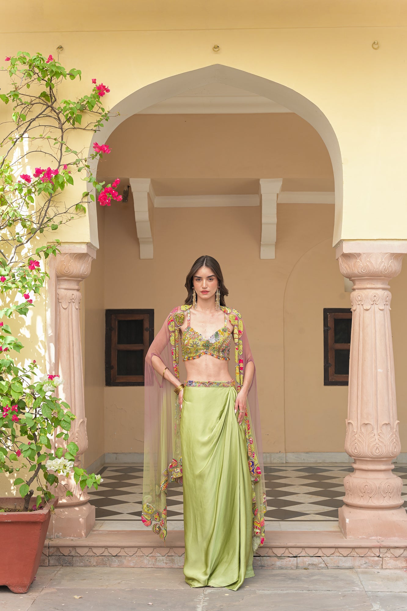 Olive Bloom Bralette Paired with Satin Cowl Skirt and Cape
