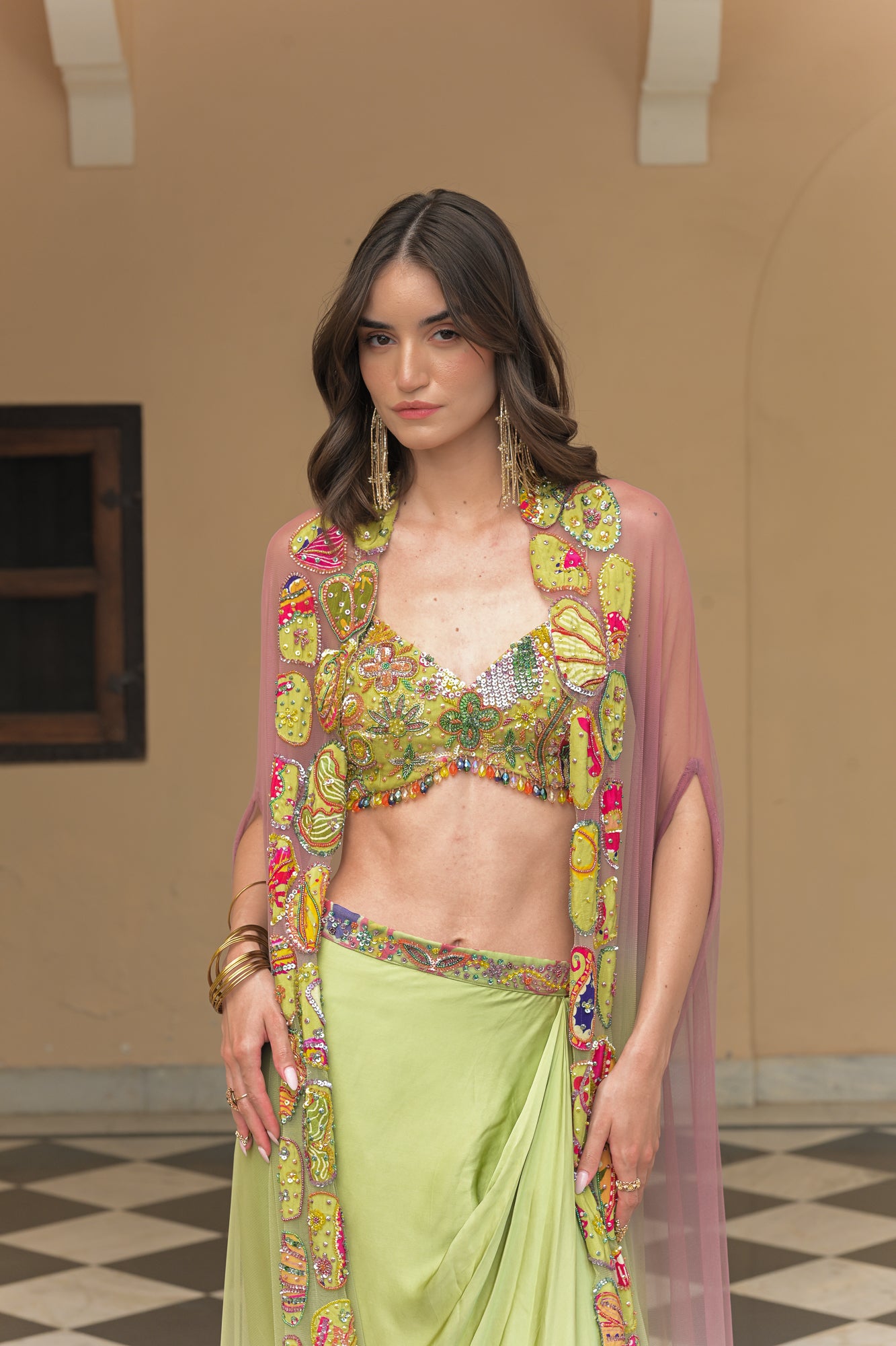 Olive Bloom Bralette Paired with Satin Cowl Skirt and Cape