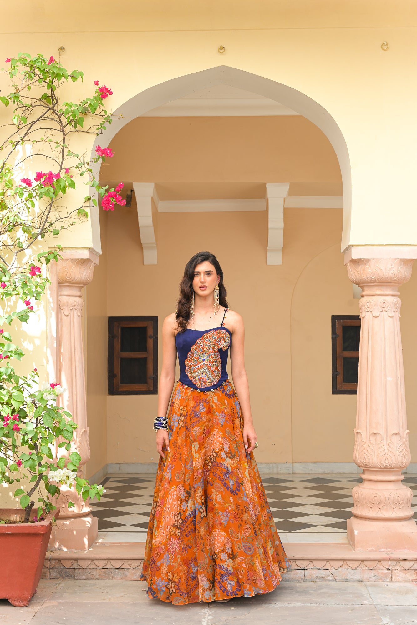Amber Bloom Organza Printed Lehenga with Paisley Patch Corset