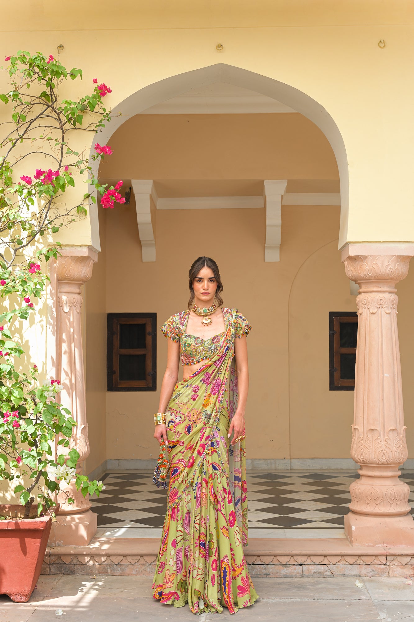 Olive Bloom Prestitched Saree with Blouse