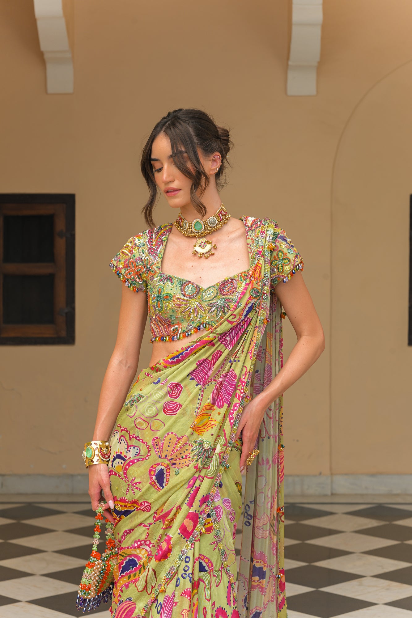 Olive Bloom Prestitched Saree with Blouse