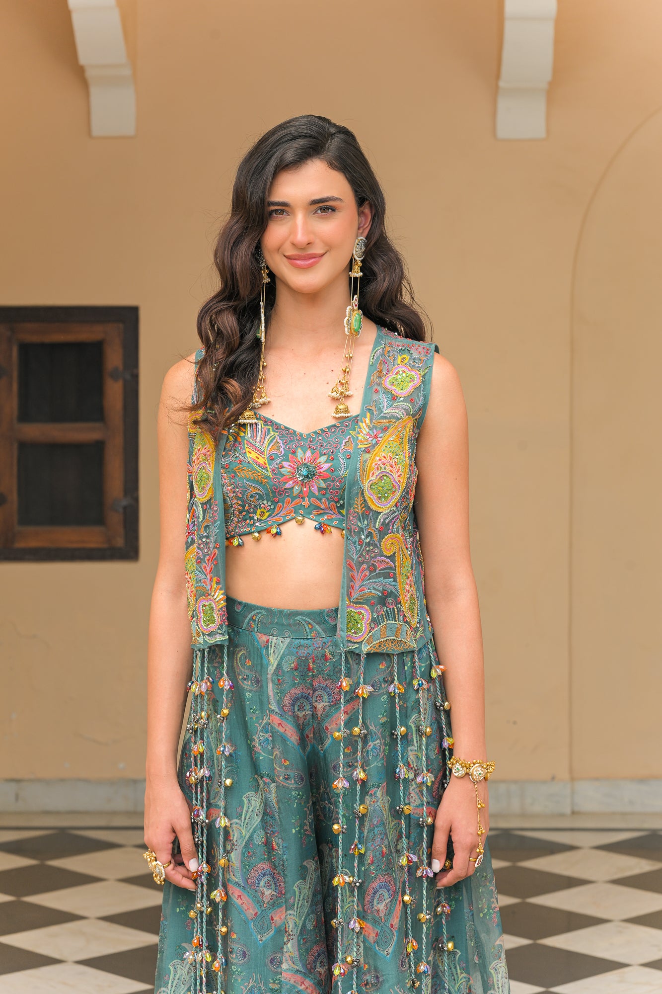 Iris Mist Pant with Bralette and Thread Work Patch Jacket