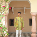 Olive Bloom Embroidered Half Jacket with Pin Tuck Kurta Pant Set