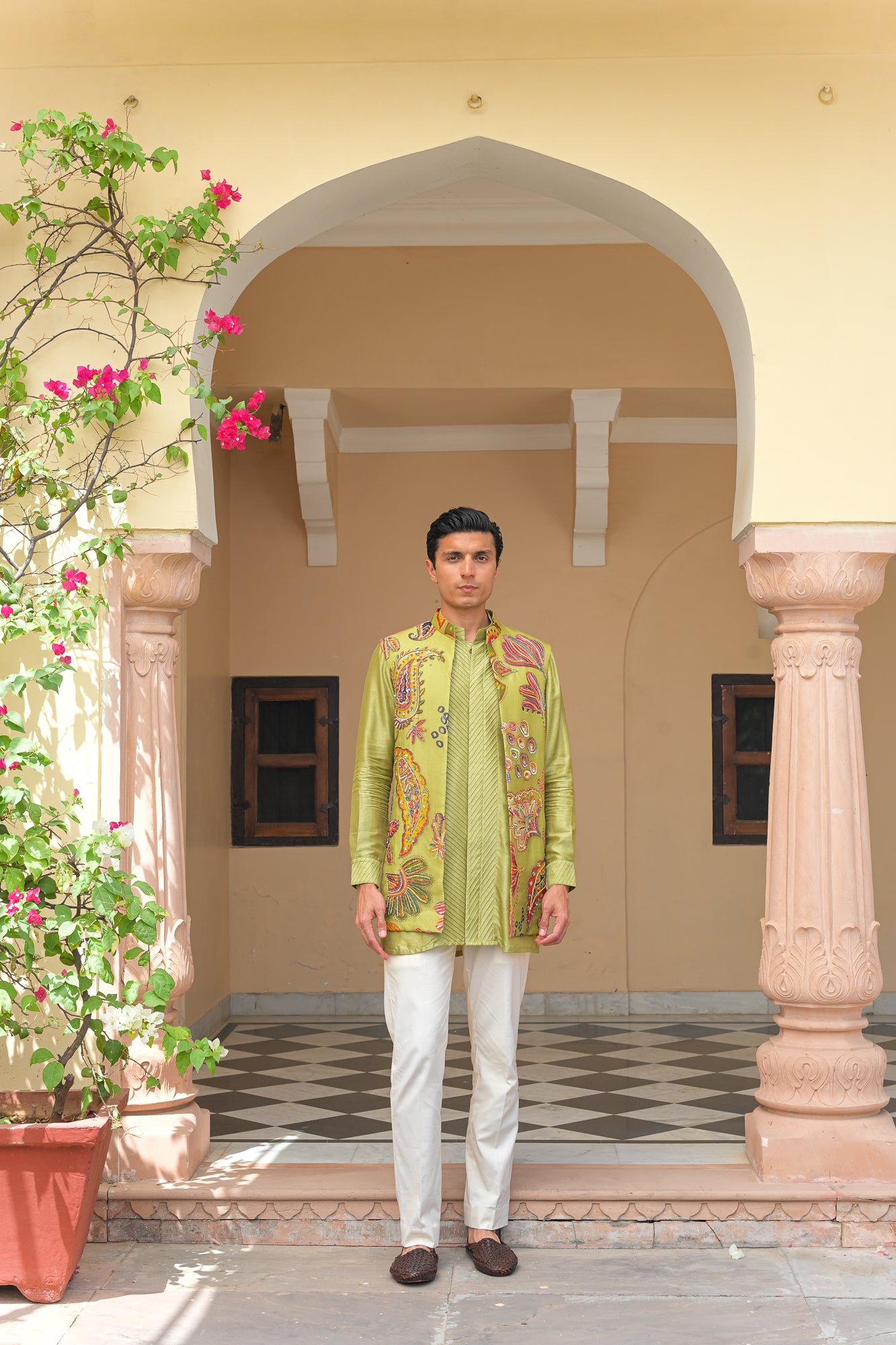 Olive Bloom Embroidered Half Jacket with Pin Tuck Kurta Pant Set
