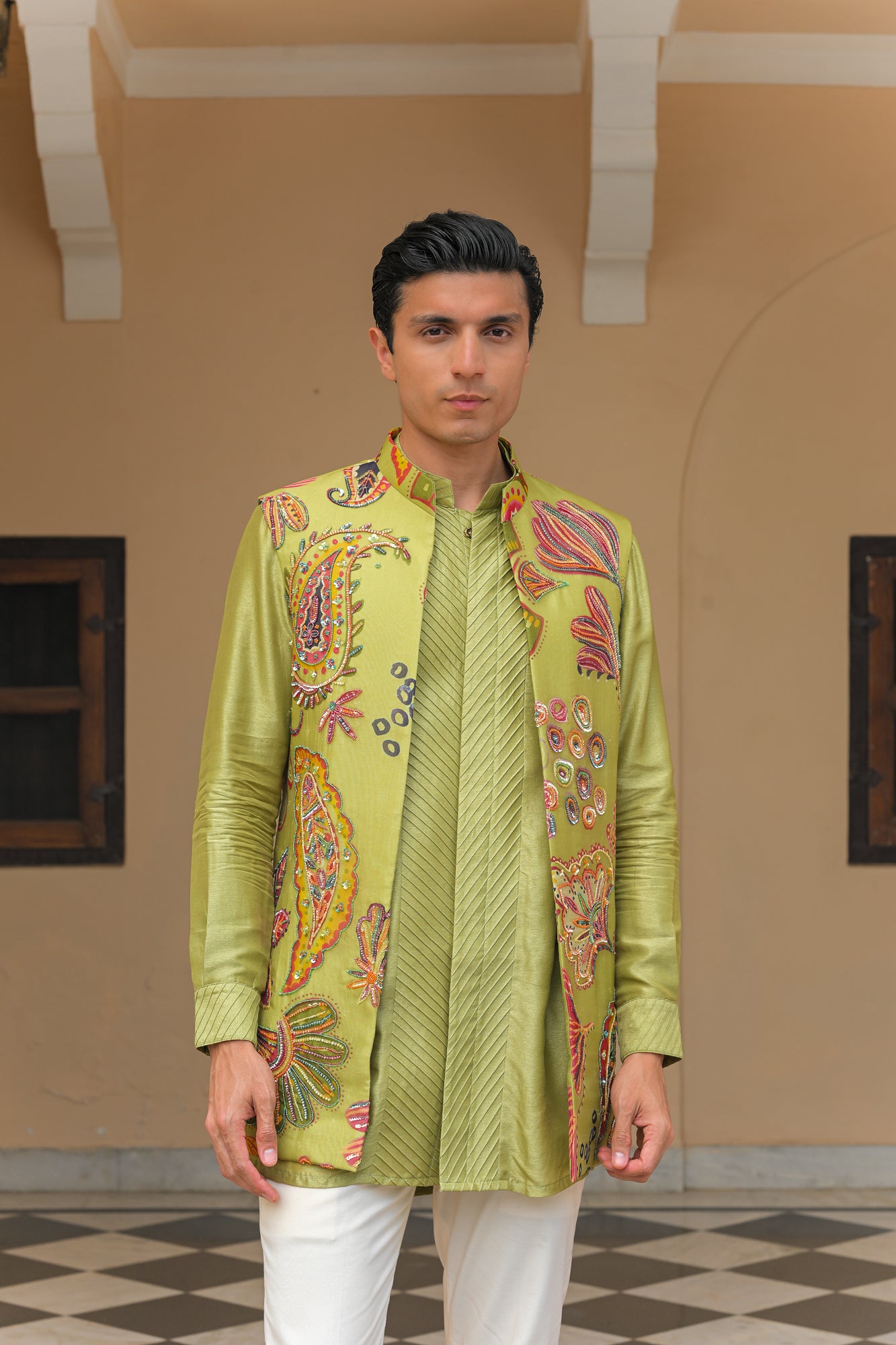 Olive Bloom Embroidered Half Jacket with Pin Tuck Kurta Pant Set