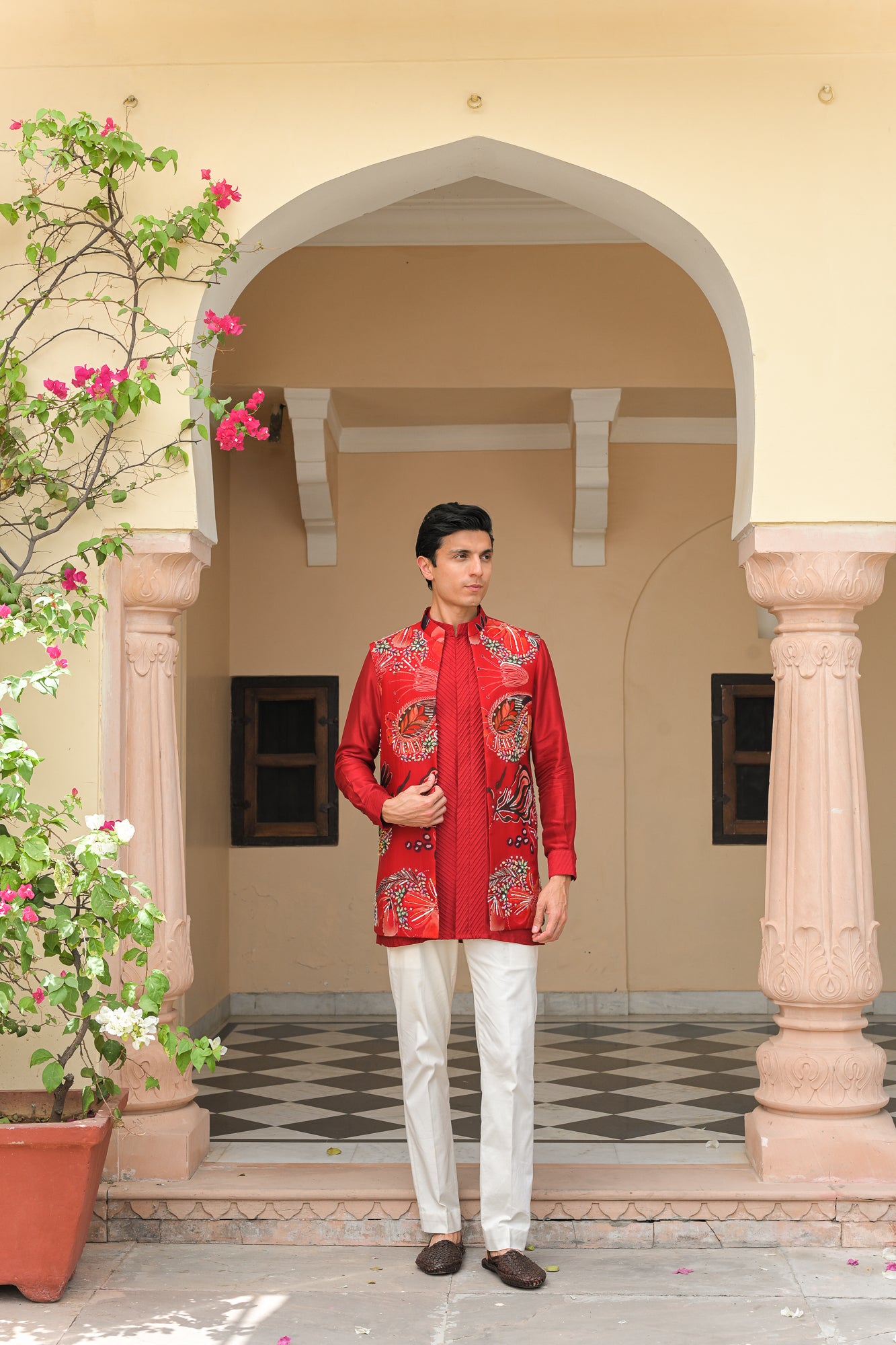 Scarlet Bloom Highlight Half Jacket Paired with Pintuck Kurta Pant Set