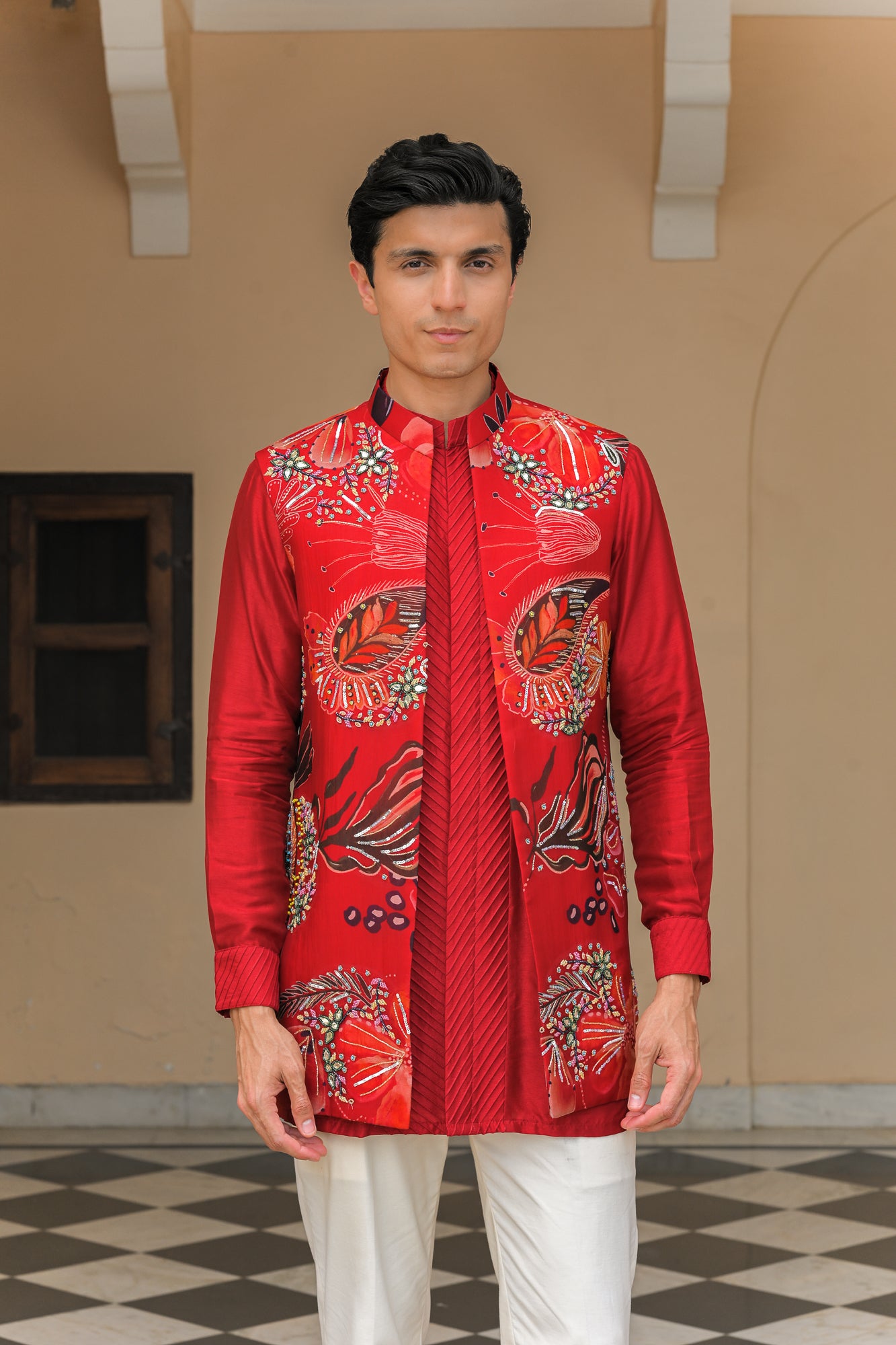 Scarlet Bloom Highlight Half Jacket Paired with Pintuck Kurta Pant Set