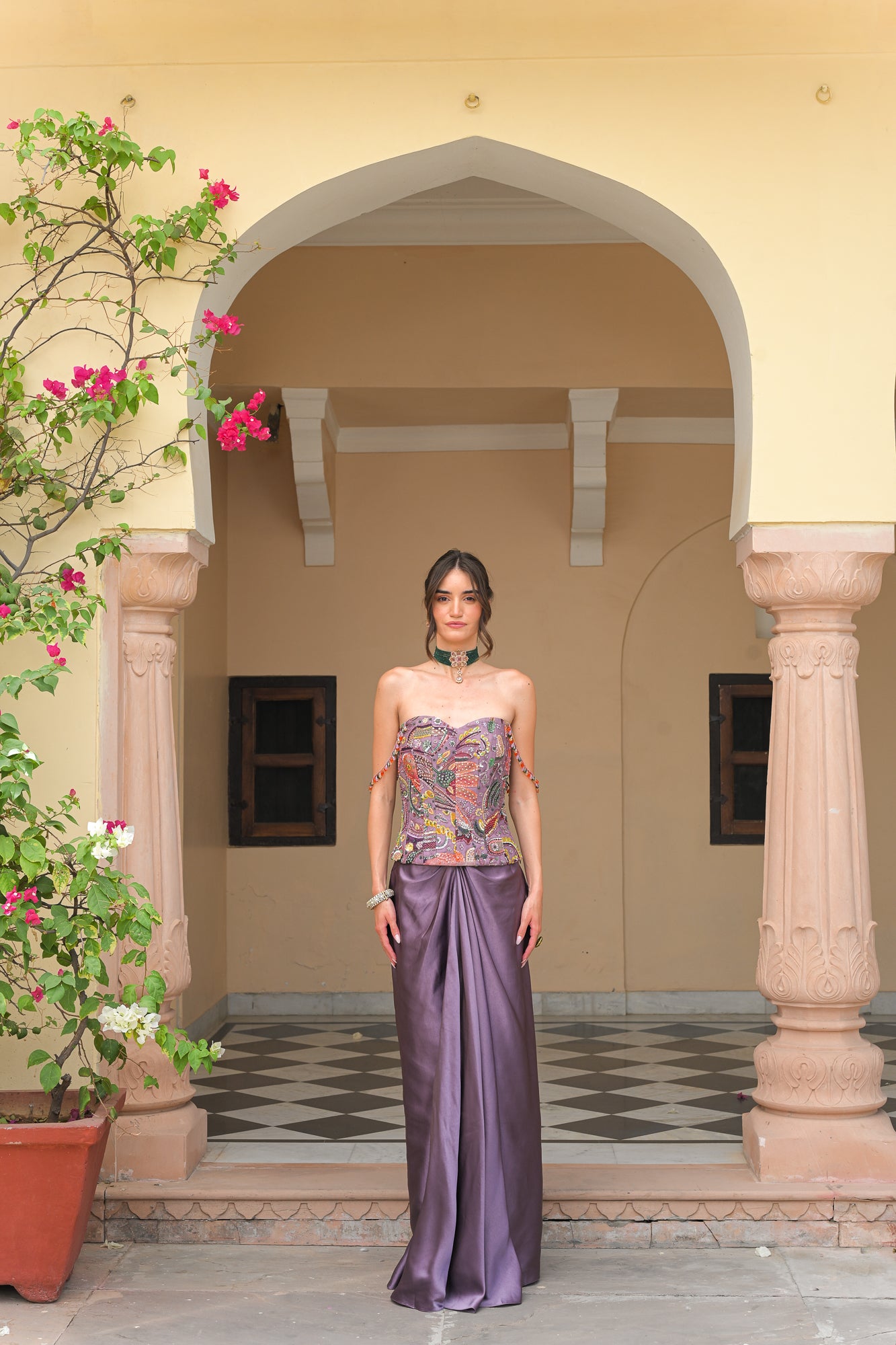 Violet Bloom Highlight Corset with Satin Throw Skirt Set