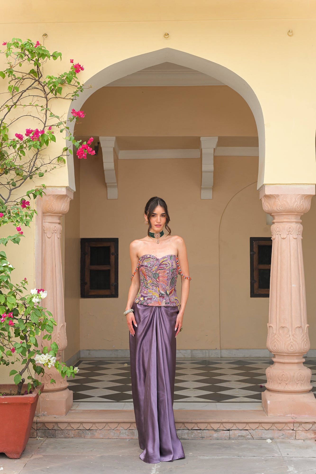 Violet Bloom Highlight Corset with Satin Throw Skirt Set